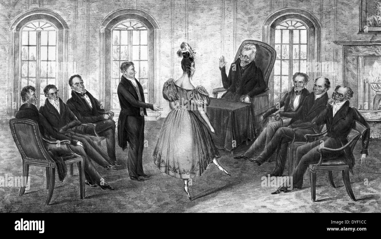 Il celeste-al cabinet. Un moderatamente immagine satirica sulla Ex Presidente degli Stati Uniti di Jackson e il suo gabinetto: (segretario della Marina Mahlon Dickerson, procuratore generale F. Benjamin Butler, Segretario della guerra Lewis Cass, Postmaster General Amos Kendall, segretario del Tesoro Levi Woodbury, e il Vicepresidente Martin Van Buren.) con il ballerino francese Madame Celeste essendo loro presentato da Jimmy O'Neal. Accompagnano l'immagine è testo supponendo che ogni membro è pensare. Circa 1850. Foto Stock