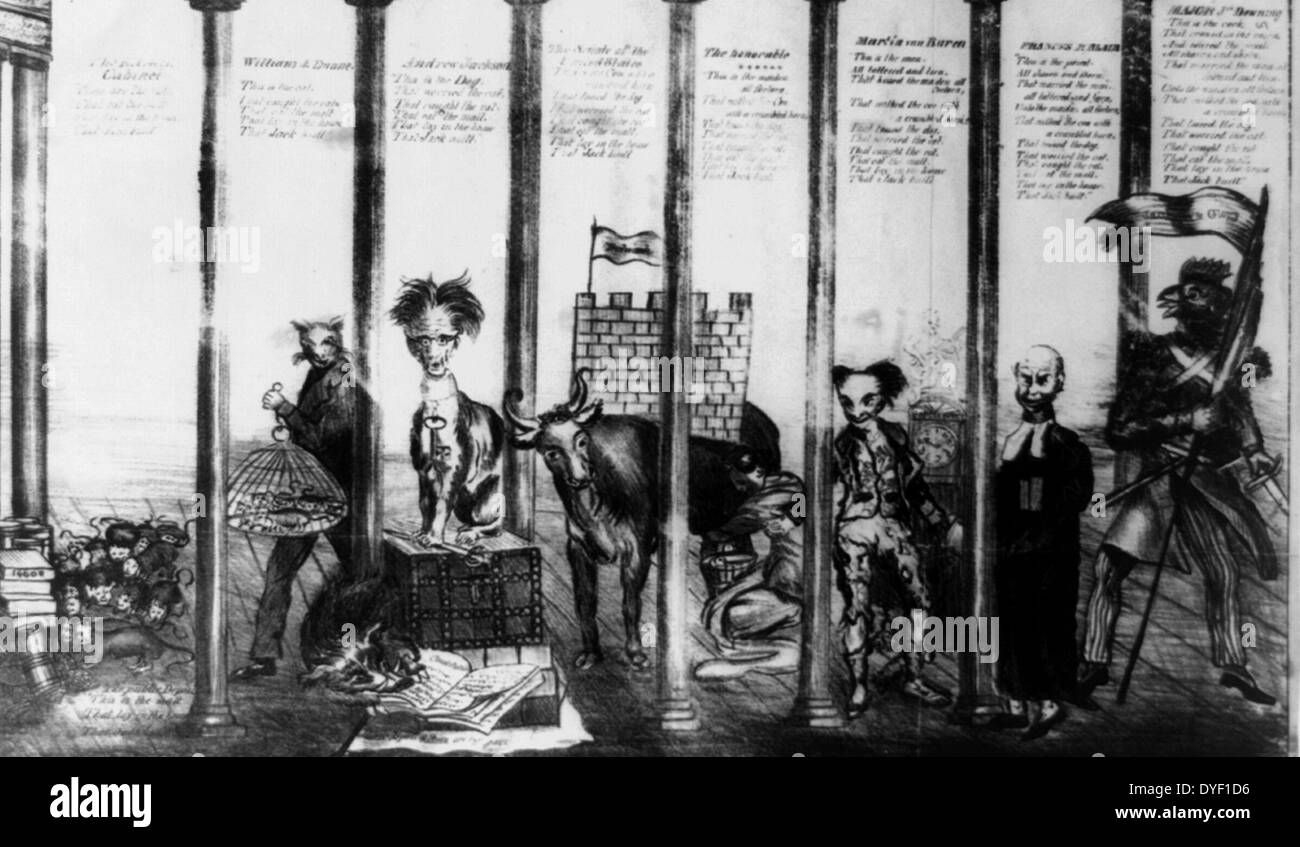 Cartoon politico da anonimo artista satirising Jackson, amministrazione rimettere in questione il suo Settembre 1833 decisione di rimuovere depositi federale dalla Banca degli Stati Uniti. Utilizzando filastrocca " la casa che Jack costruito" come base per la progettazione. Circa inizio a metà del XIX secolo. Foto Stock