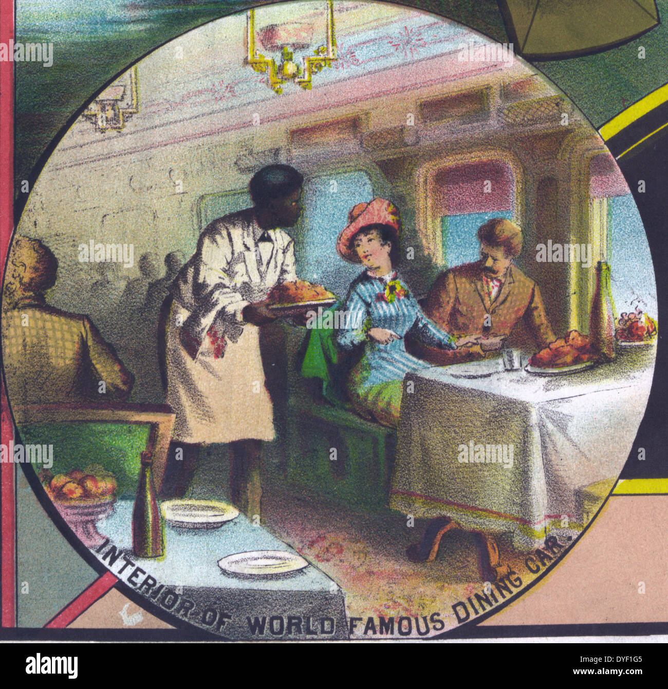 Per tutti coloro che viaggiano dal c1882. La stampa mostra, interni di una linea ferroviaria carrozza ristorante Foto Stock