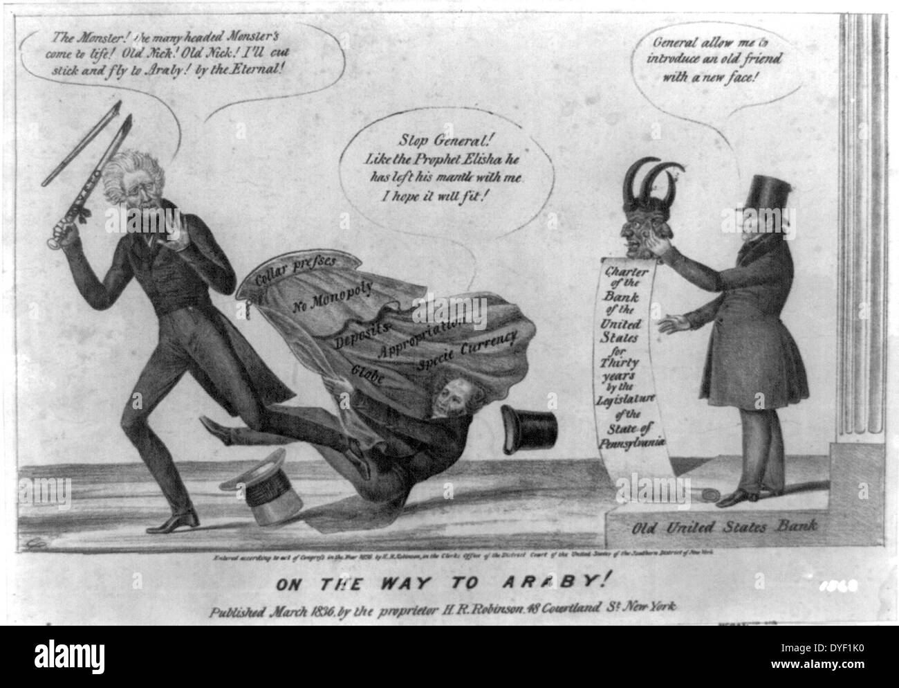Sul modo di Araby! Edward Williams di Clay e Henry Robinson, circa 1836. Litografia di stampare su carta intessuta. Cartoon politico satirising the Jackson dell amministrazione di battaglia contro la Banca degli Stati Uniti. Jackson mostrato in fuga da temere da una testa del demone mentre brandisce una bacchetta spezzata contrassegnata come "A". Foto Stock
