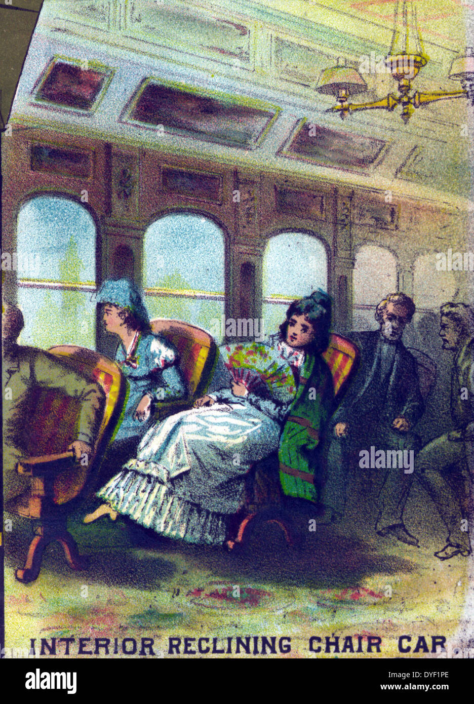 Per tutti coloro che viaggiano dal 1882. La stampa che mostra il 'interno sedia reclinabile auto." in un American rail road train. Foto Stock