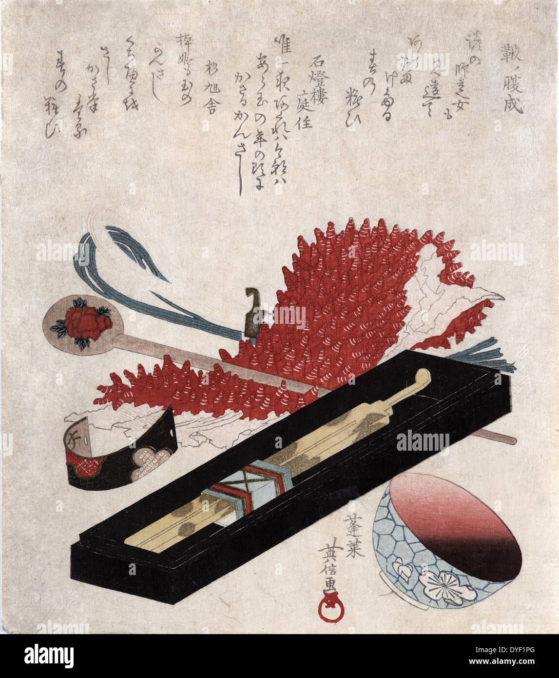 Shibori kanzashi benichoku : Shibori, tornante, labbro e la vaschetta di colore. Da Hidenobu Horai, active 1805-1825, dipinta tra il 1818 e il 1830. Ancora vita disposizione di ornamenti per capelli e articoli da toilette. Foto Stock