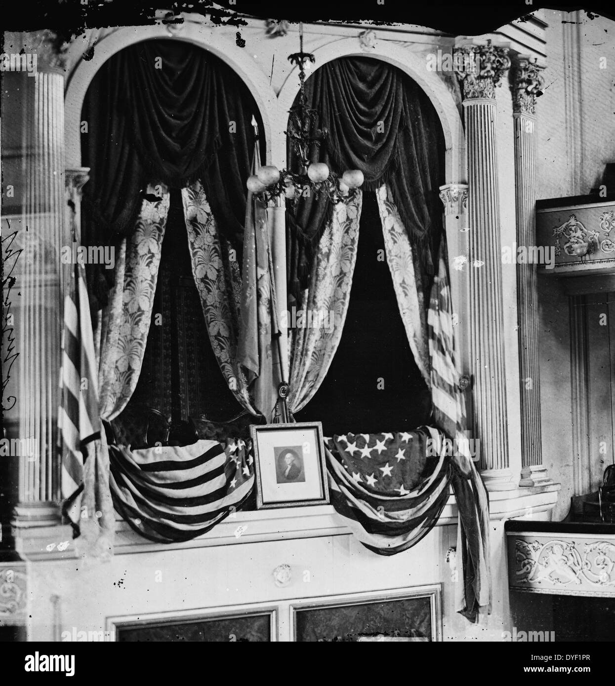 Washington, Distretto di Columbia. Presidente della scatola presso il Teatro di Ford, scena di assassinio del presidente Abraham Lincoln, 1865. Foto Stock
