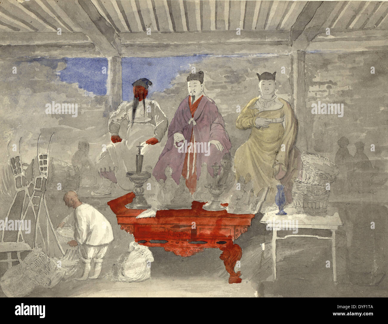 Interno del tempio Buddista o il santuario con le statue di (da sinistra) Guan Yu Liu Bei, e Zhang Fei da Gennadii Vasil'evich, 1840-1912 Foto Stock