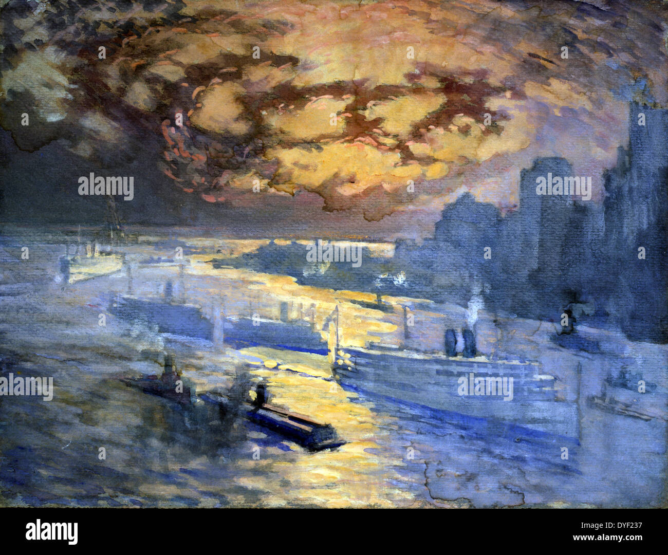 Fiume riflettente da Joseph Pennell, 1857-1926, artista dipinse tra ca. 1921 e 1926. disegno di luce su carta blu con blu scuro fibre. La città di New York. Visualizza ultimi grandi navi passando attraverso luminosi riflessi su East River, rosso-rosa tramonto Cielo sopra. Statua della Libertà a distanza. Foto Stock