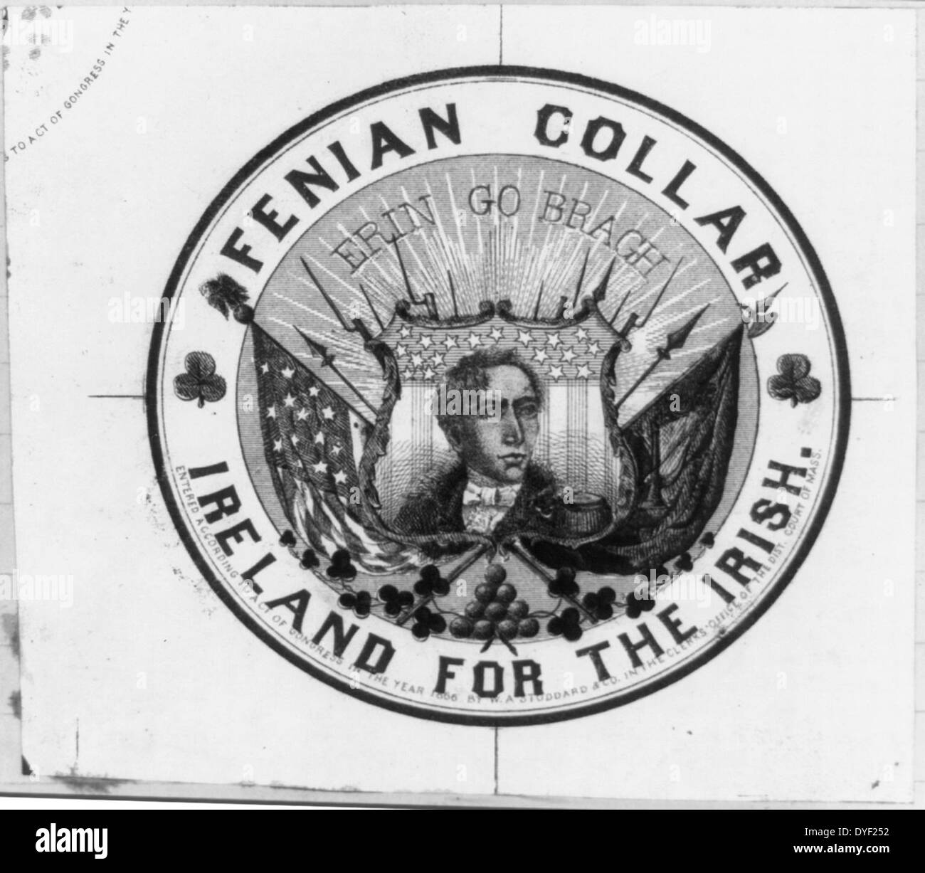 Collare Fenian, Irlanda per l'Irlandese. Etichetta di pubblicità per il Fenian collari mostra testa e spalle ritratto di Robert Emmet, patriota irlandese. c1866 Foto Stock