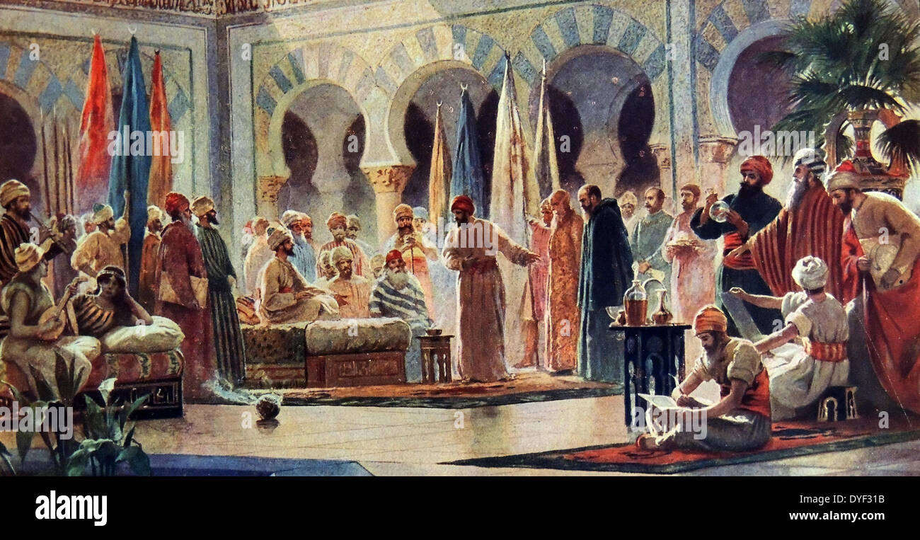 Abd-ar-Rahman III 889 - 961, era l'emiro e Califfo di Cordova (912-961) di Umayyad dynasty in al-Andalusia. Chiamato al-Nasir li-Din Allah ("il difensore del Dio della fede'), salì al trono nel suo inizio 20s, e regnò per mezzo secolo come il più potente principe di Iberia. L'immagine illustra-Abd ar-Rahman III e la sua corte di Medina Azahara ricevendo il monaco Juan de Gorza nel 959 d.c. da Dionisio Baixeras Verdaguer. Foto Stock