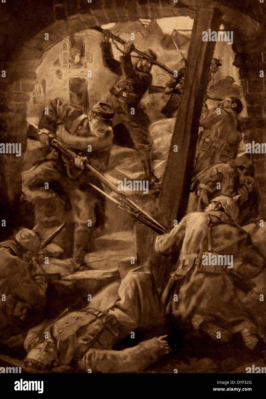 Di mano in mano, strada per strada delle forze francesi avanzare contro soldati tedeschi in un villaggio durante la Seconda battaglia di Artois, dal 9 maggio - 18 giugno 1915. Il Fronte occidentale durante la Prima Guerra Mondiale. Foto Stock