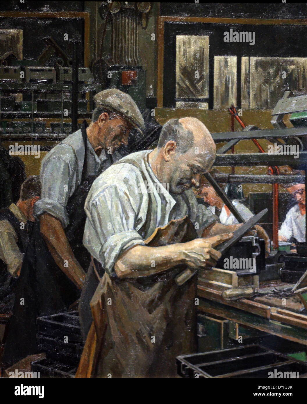 I lavoratori non vedenti in una fabbrica di Birmingham da Percy Fredericak Horton. Olio su tela, circa 1942. Questo dipinto mostra i lavoratori non vedenti in Lucas. I ciechi e gli altri lavoratori disabili ha cominciato ad essere impiegata durante la Seconda Guerra Mondiale, a causa della carenza di manodopera. Foto Stock