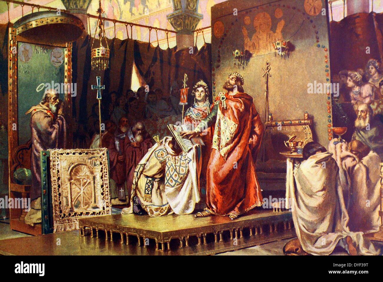 La conversione di Recaredo di M.Degrain (una copia di un J. Segrelles originale di circa 587 AD). Mostra Recaredo pubblicamente di accettare la fede cattolica dopo mesi di predicazione dell Arcivescovo. Foto Stock