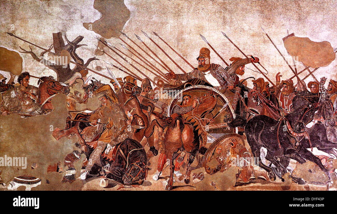 Parte del "mosaico Alexander', che mostra Alessandro il Grande conquista di Dario III di Persia. Dating circa dal 100 a.c. e originariamente realizzato per la Casa del Fauno a Pompei. Foto Stock