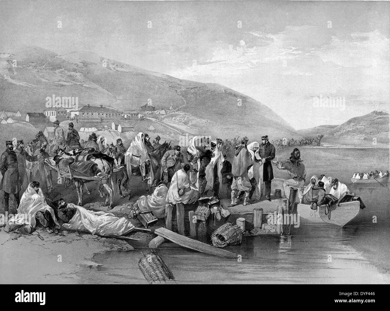 Imbarco dei malati a Balaklava pubblicato 1855. Una illustrazione che illustra alcune delle vittime che si è verificato durante la Guerra di Crimea, una guerra in cui il Regno di Sardegna e il francese, inglese, russo e l'Impero Ottomano combattuto per influenza sui territori della zona. Foto Stock