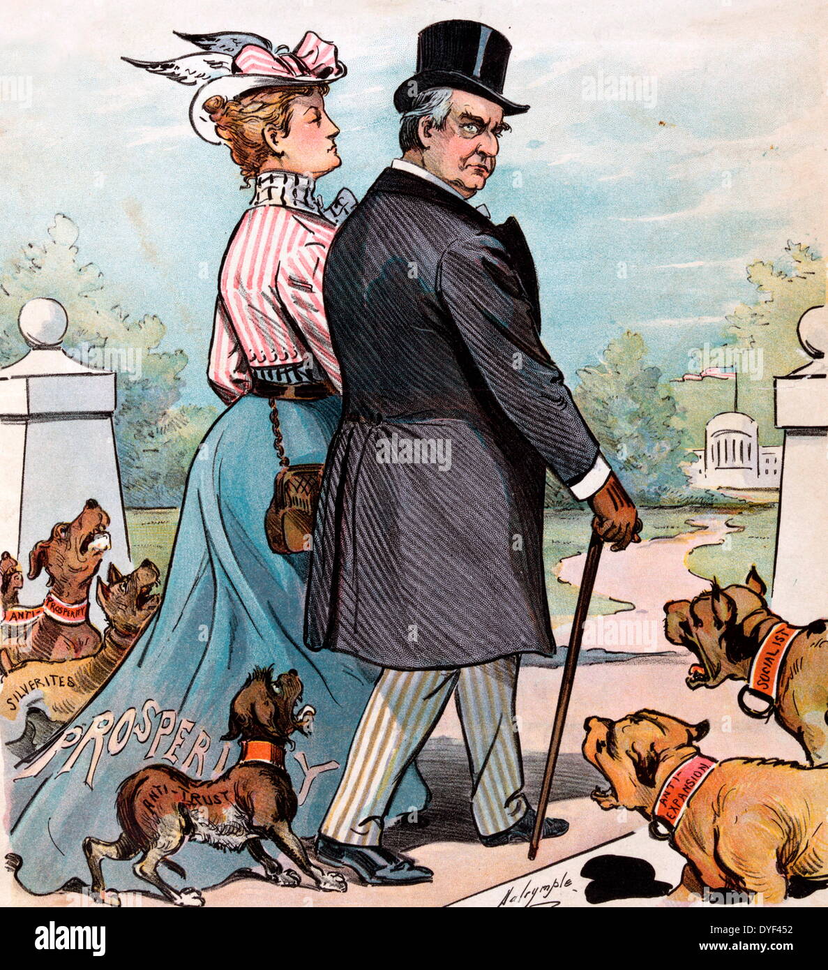 Abbaiare i cani non Mordetevi 1900. Presidente McKinley camminando sulla Casa Bianca giardini con una donna etichettato "Benessere", il passaggio di un gruppo di abbaiare i cani etichettato 'Anti-prosperità,' 'Silverites', 'l'Anti-trust," "Anti-espansione' e 'Ssocialista". Foto Stock