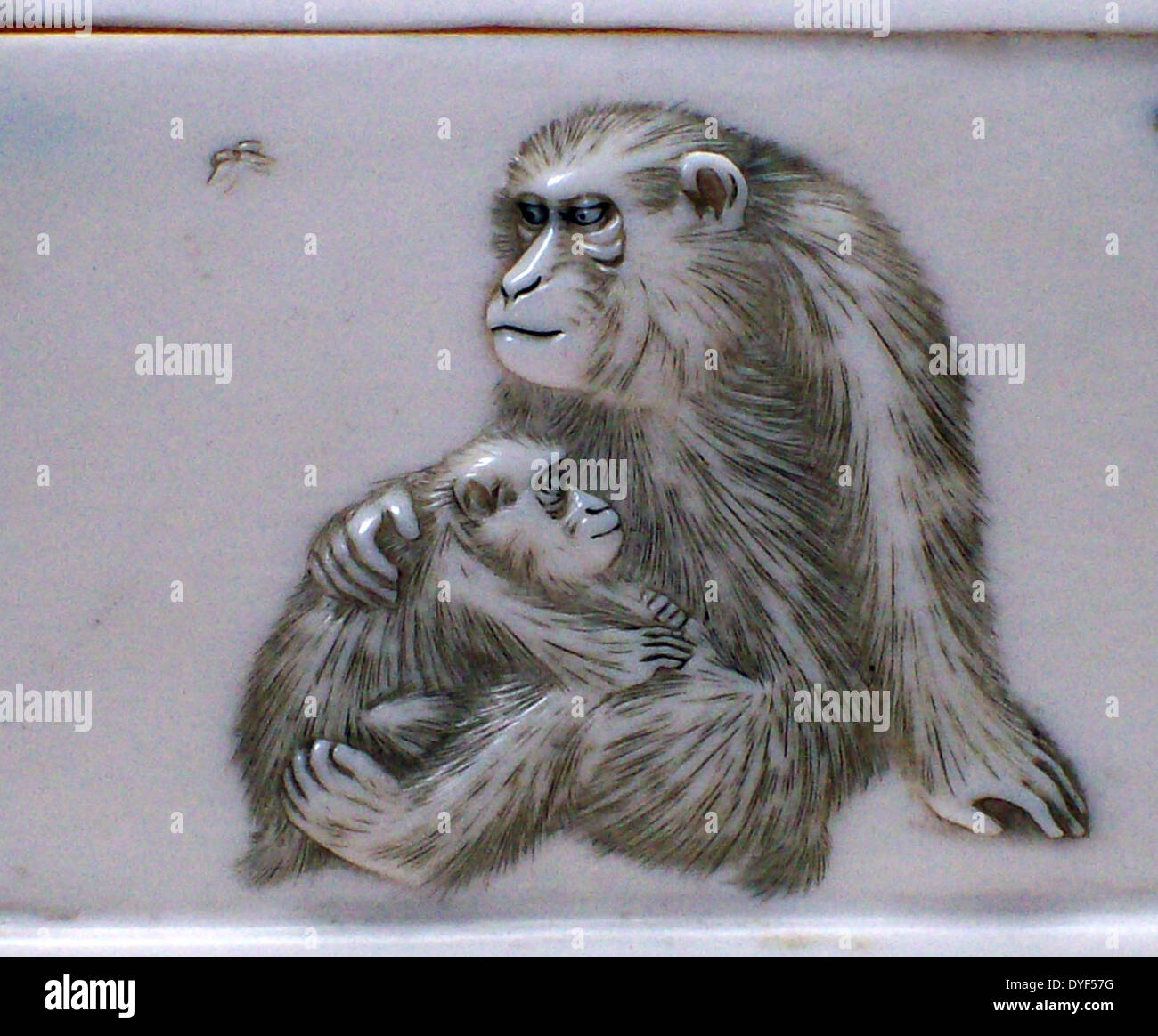 Russo casella di avorio. Il coperchio è decorato con un immagine di incisione di un giapponese di scimmia macaco e il suo bambino. Foto Stock