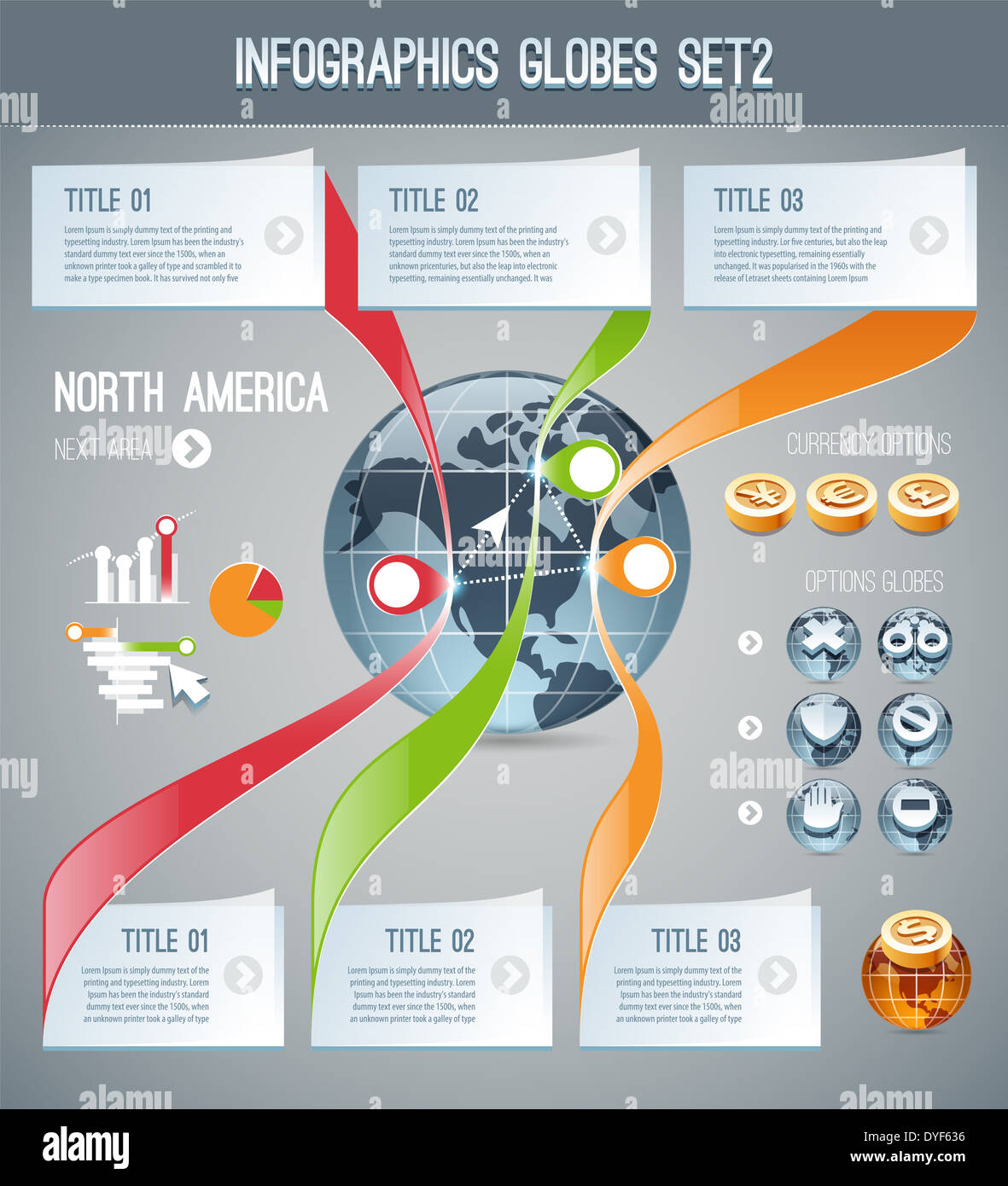 Globi Infographics Set2. Nel file EPS, ogni elemento è raggruppato separatamente. Foto Stock