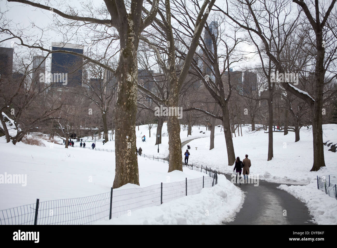 La gente camminare in un snowy Central Park di New York City in inverno Foto Stock