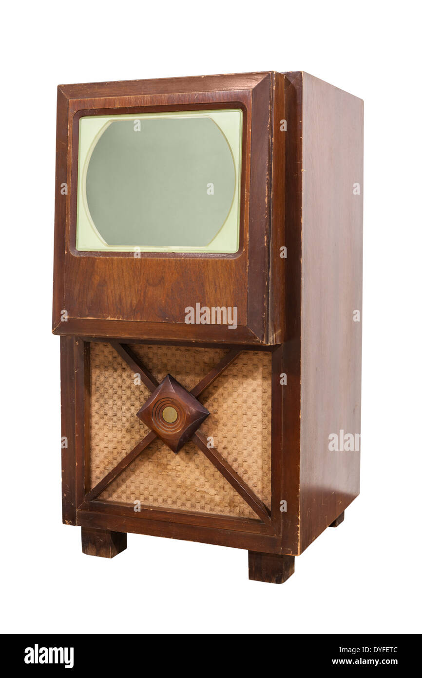 Vecchia televisione in legno isolato con percorso di clipping. Foto Stock