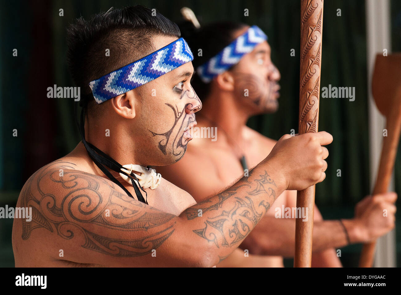 Guerrieri Maori eseguire la Haka ancestrale tradizionale grido di guerra la danza Marzo 28, 2014 a Auckland, Nuova Zelanda. Foto Stock