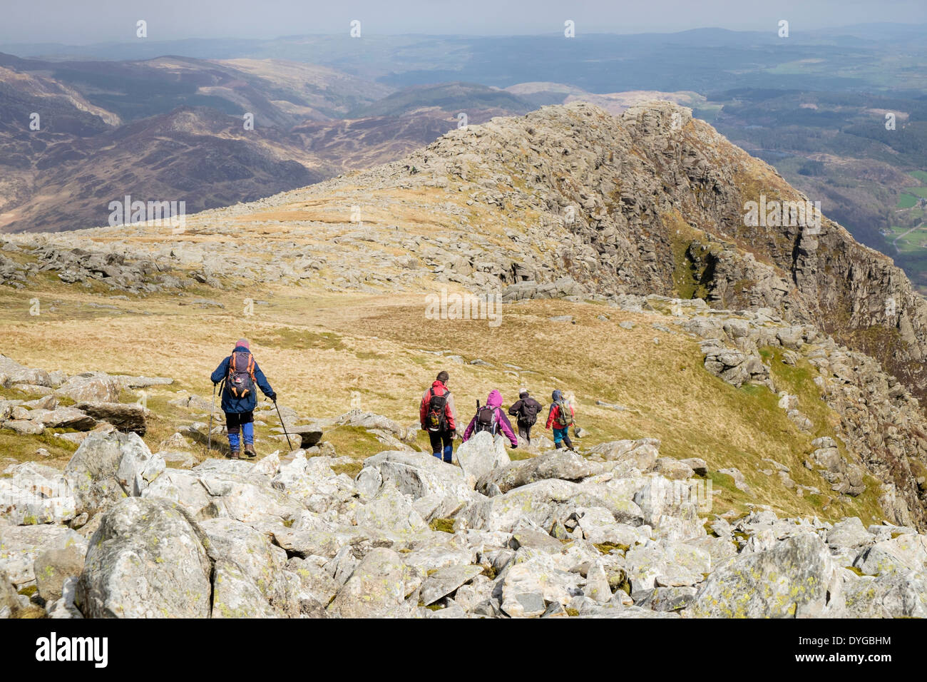 Gli escursionisti a piedi su rocce di Carnedd Moel Siabod summit ridge nelle montagne del Parco Nazionale di Snowdonia North Wales UK Gran Bretagna Foto Stock