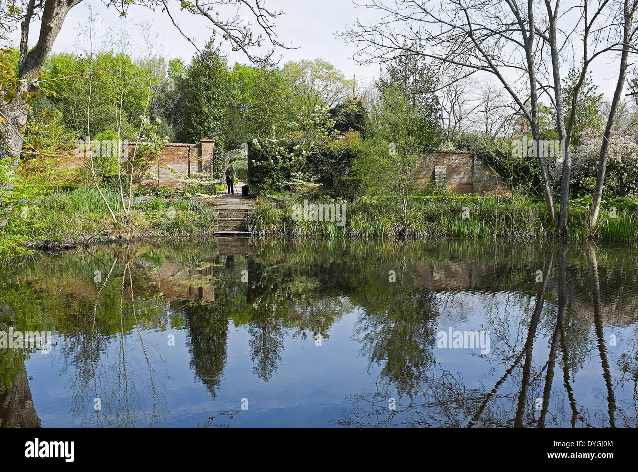 Il giardini premiati a West Green House nel sole di Pasqua in cui un fotografo in un ingresso per il giardino murato accanto al laghetto registra le immagini Foto Stock