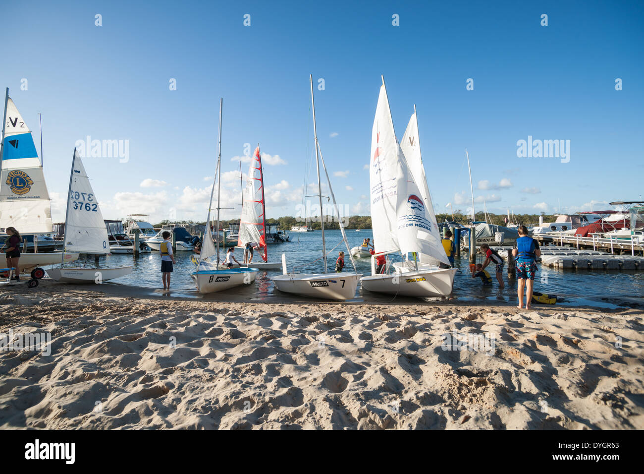 Giovani velisti a tirare le loro imbarcazioni fino dopo imparare a navigare sul fiume Noosa nel marzo 2014. Foto Stock