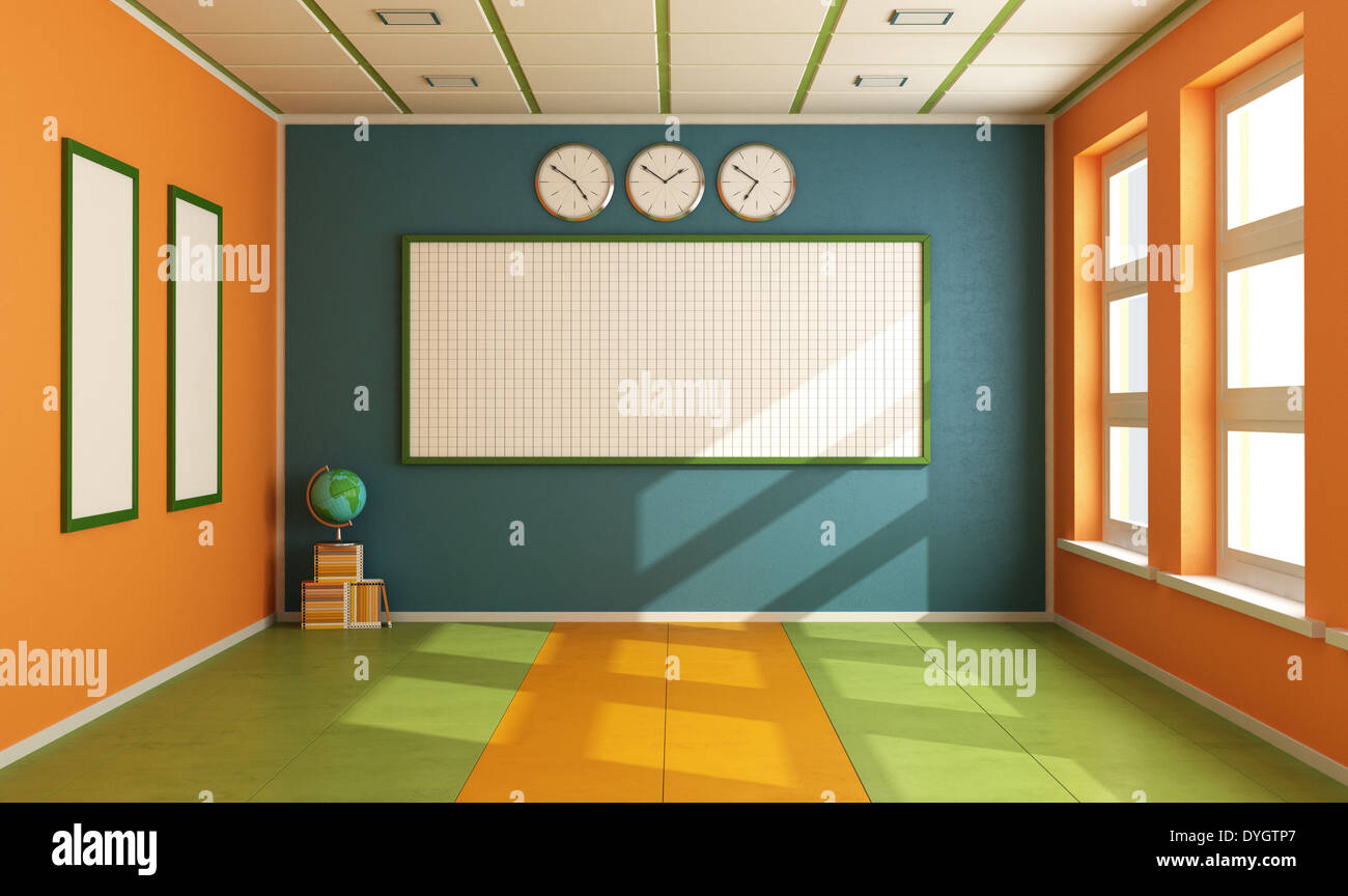 Classe colorati senza studente con scheda,libri e globo - il rendering Foto Stock