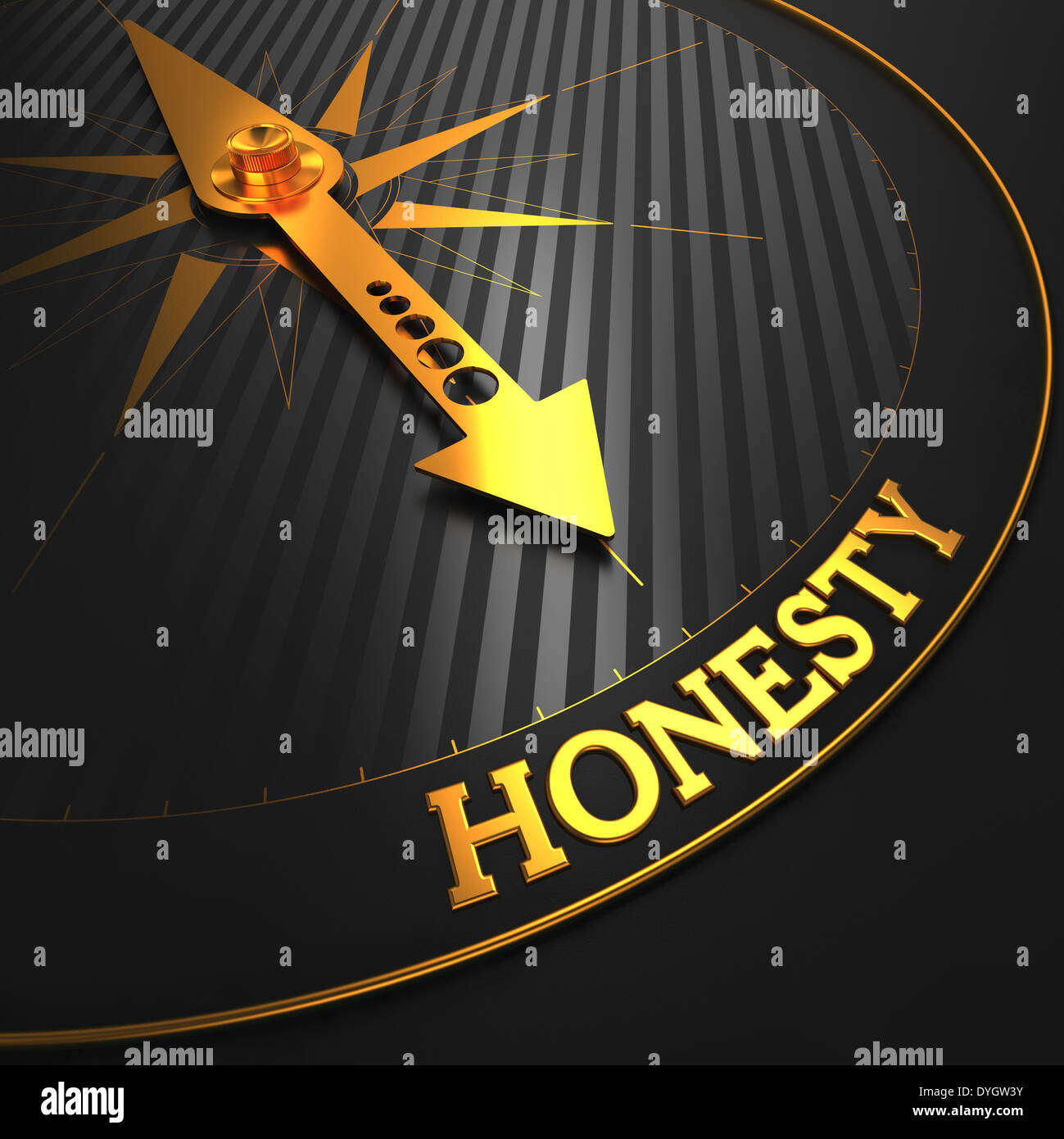 Concetto di onestà - Golden Compass ago su un campo nero di puntamento. Foto Stock