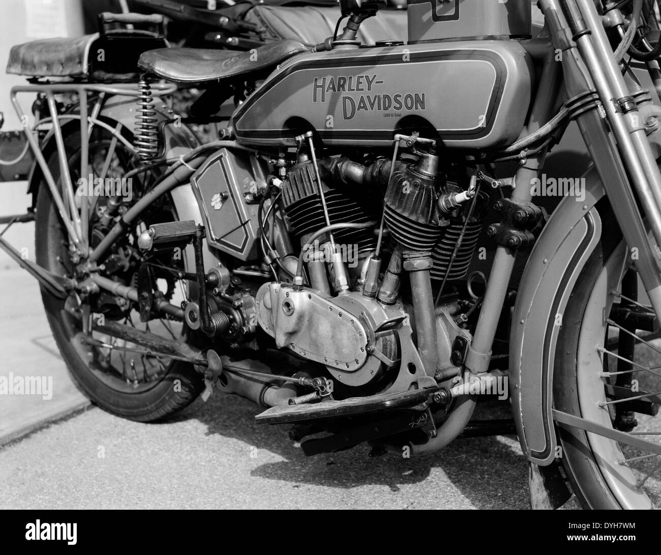F-testa Harley-Davidson vintage motociclo, British setup con accessori lucas Foto Stock
