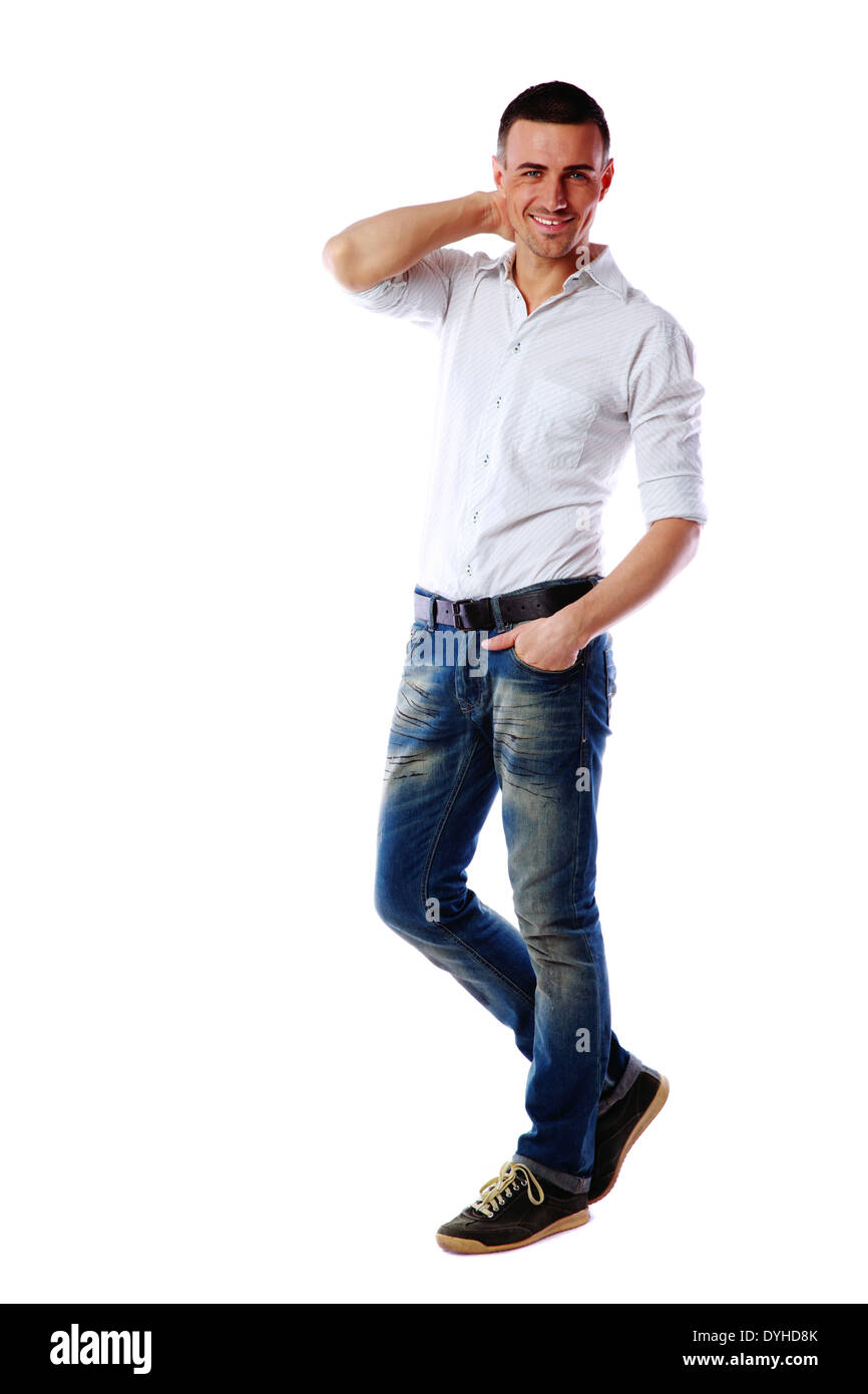 Ritratto a figura intera di un uomo felice su sfondo bianco Foto Stock