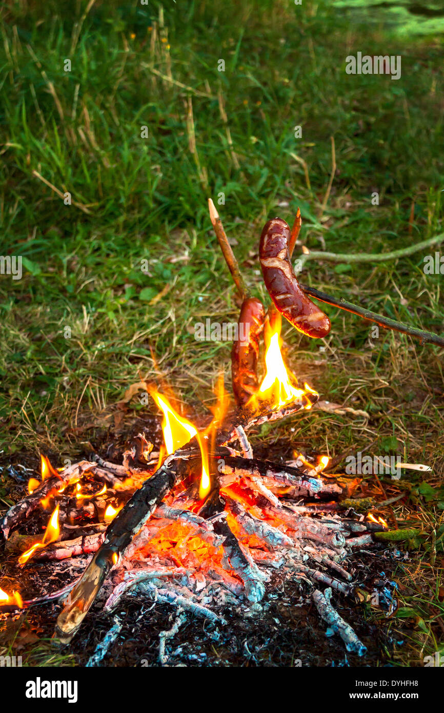 La tostatura le salsicce sopra il fuoco Foto Stock