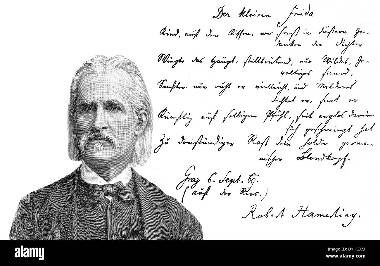 Manoscritto storico e ritratto di Robert Hamerling o Johann Rupert Hammerling, 1830-1889, un poeta austriaco Foto Stock