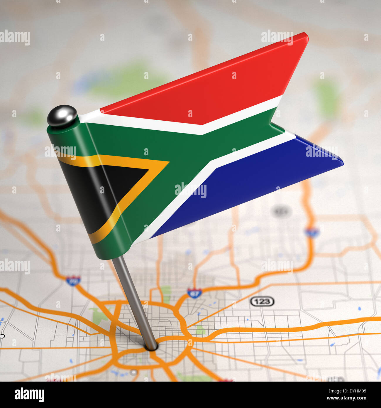 Sud Africa piccola bandiera su uno sfondo raffigurante una mappa. Foto Stock