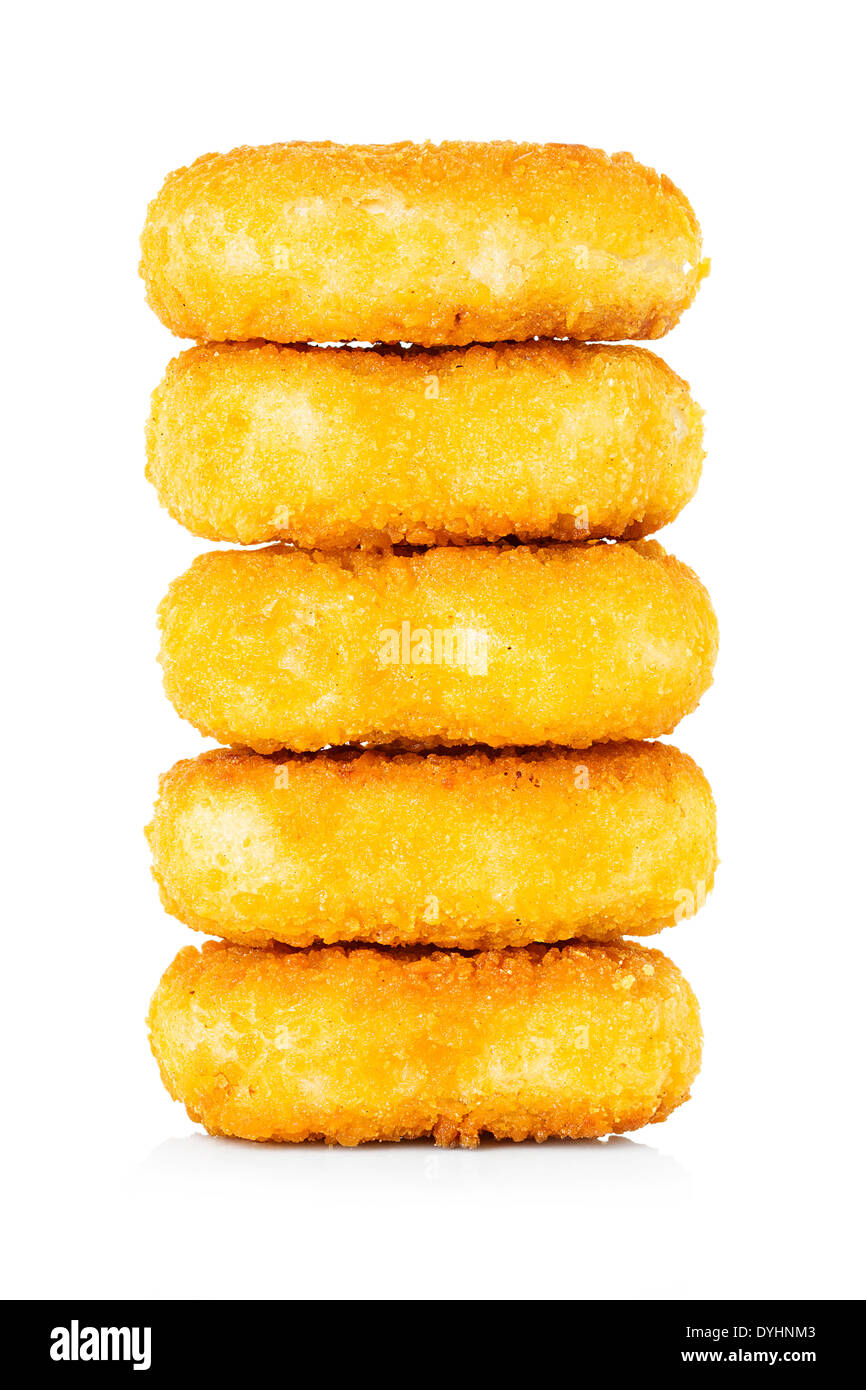 Chicken nugget close up su sfondo bianco Foto Stock