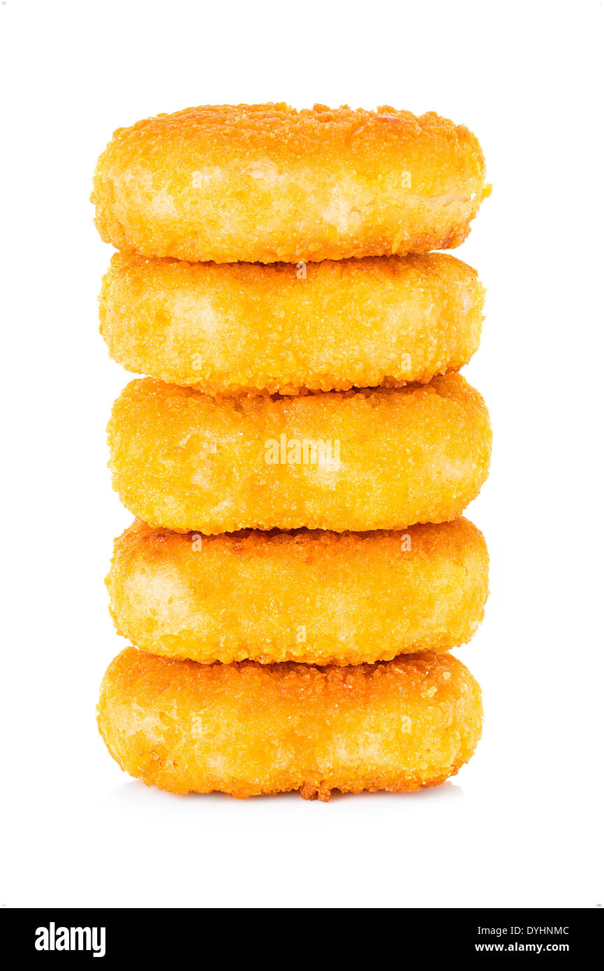 Chicken nugget close up su sfondo bianco Foto Stock