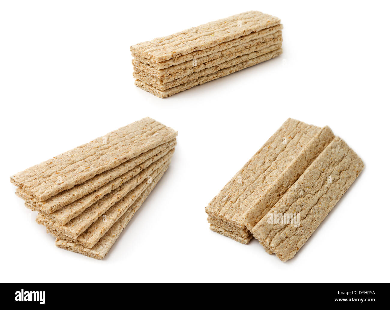 Impostare dietetico di grano-oat fette biscottate isolati su sfondo bianco. Foto Stock