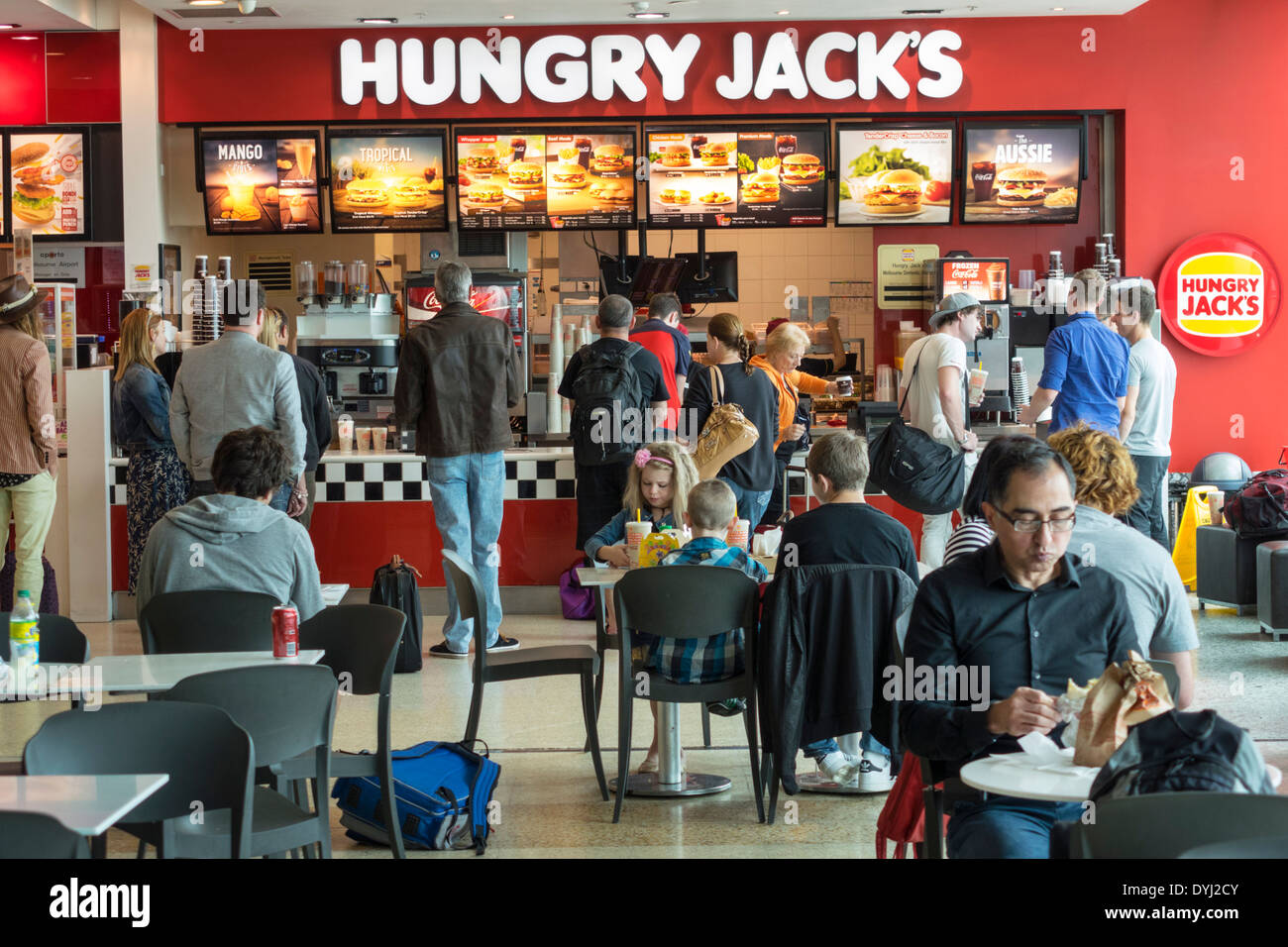 Melbourne Australia, Tullamarine Airport, MEL, terminal, gate, food Court plaza, Hungry Jack's, hamburger, hamburger King, hamburger, hamburger, fast food, r Foto Stock