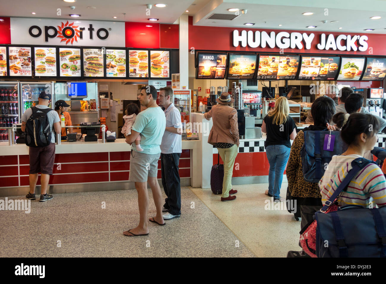 Melbourne Australia, Tullamarine Airport, MEL, terminal, gate, food Court plaza, Hungry Jack's, hamburger, hamburger King, hamburger, hamburger, fast food, r Foto Stock