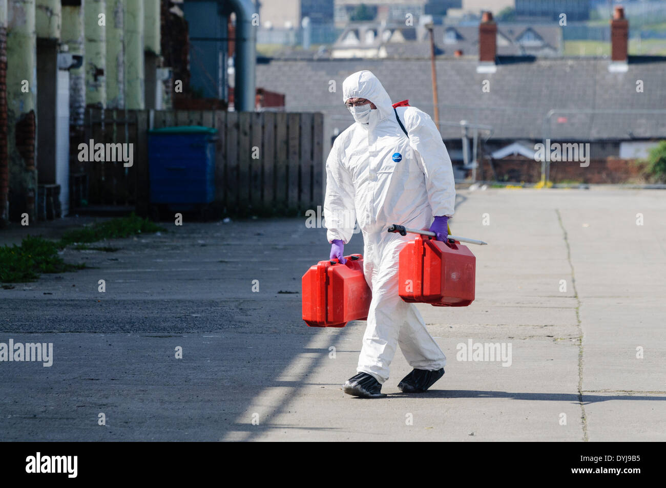 Belfast, Irlanda del Nord. 19 apr 2014 - Un forensics officer indossando un bianco tuta caldaia porta due scatole di rosso contenente apparecchiature forense presso un omicidio scena Credit: stephen Barnes/Alamy Live News Foto Stock