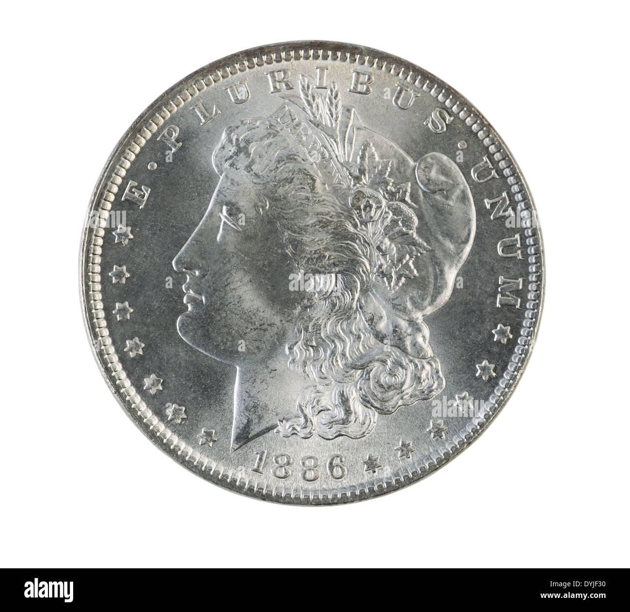 Primo piano di una Morgan Silver Dollar, facce, isolato su bianco Foto Stock