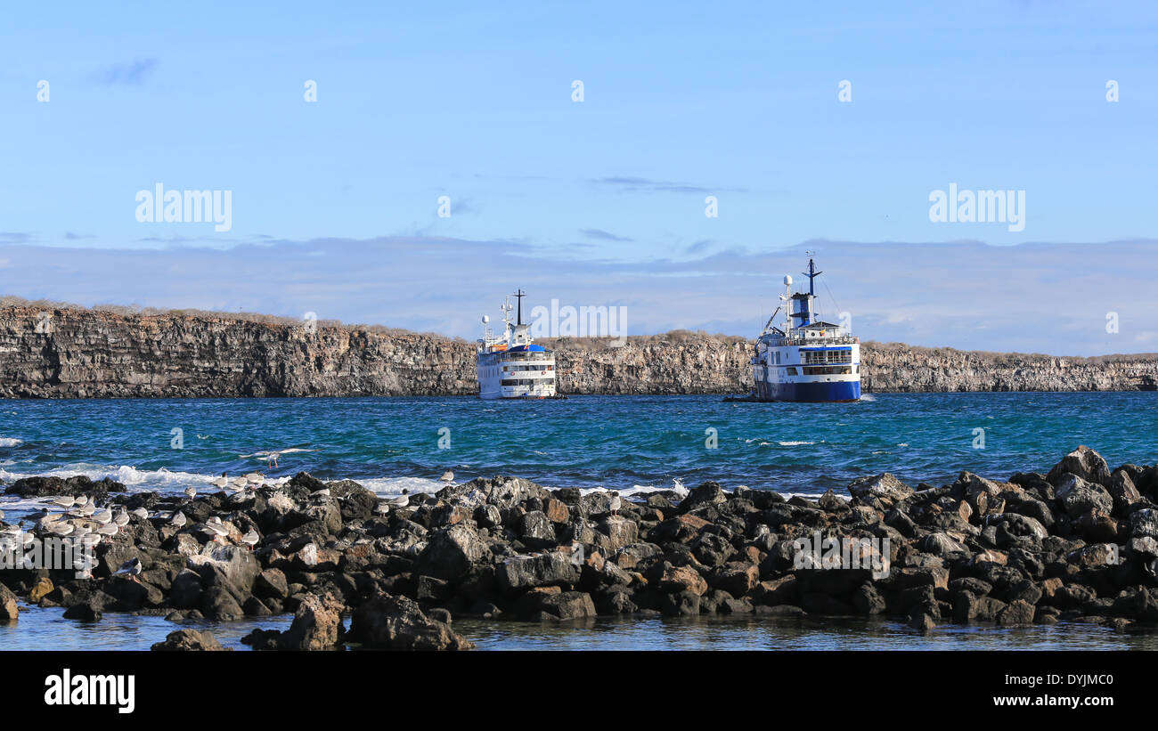 Esplorazione di due navi da crociera sono ancorate nel cratere laguna a Isola Genovesa, Isole Galapagos, Ecuador. Foto Stock