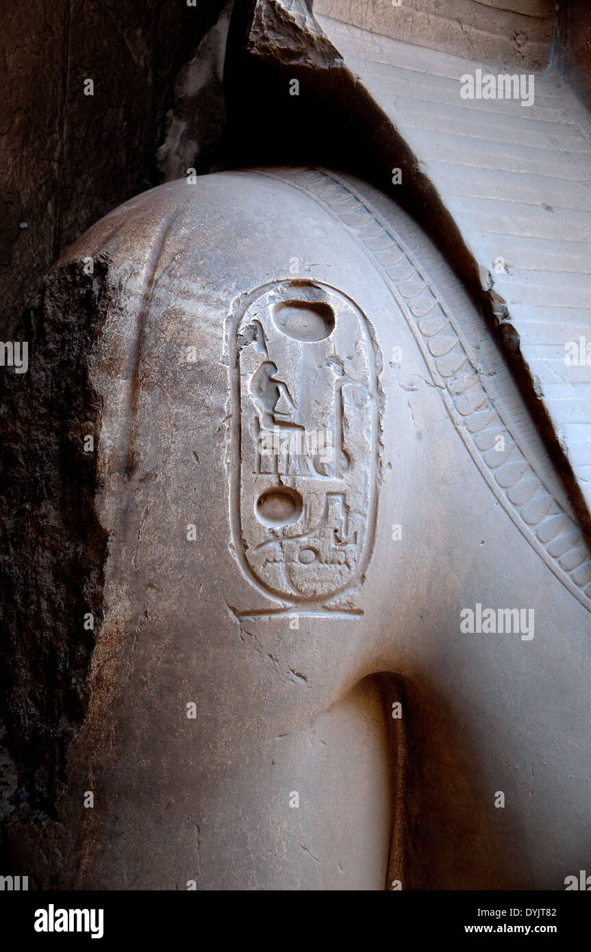 Memphis: la gigantesca statua del faraone Ramses II.dettaglio di una spalla con un cartiglio. Foto Stock