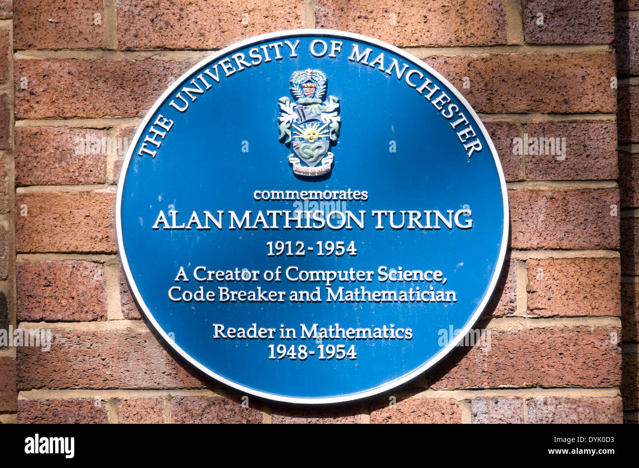 Targa blu di Alan Turing, Coupland Edificio 1, Manchester University campus, fuori Oxford Road, Manchester, Inghilterra, Regno Unito Foto Stock