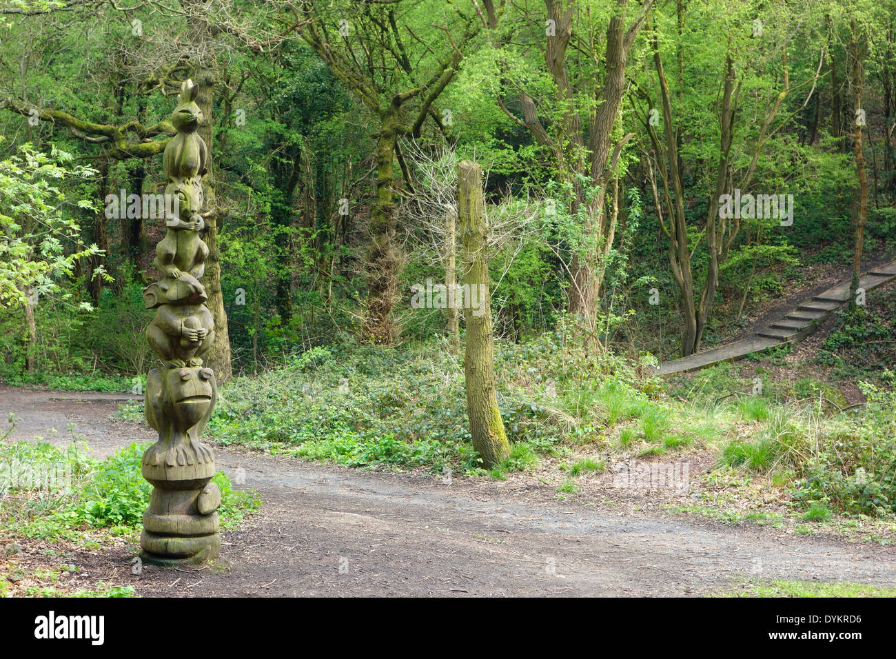 Sculture in legno Saltwells natura locale riserva, Quarry Bank, West Midlands, Inghilterra, Regno Unito. Parte del Sentiero delle sculture a piedi. Foto Stock