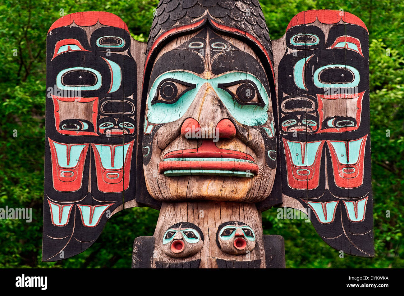 Dettaglio del Tlingit Chief Johnson totem pole, Ketchikan, AK, Alaska Foto Stock