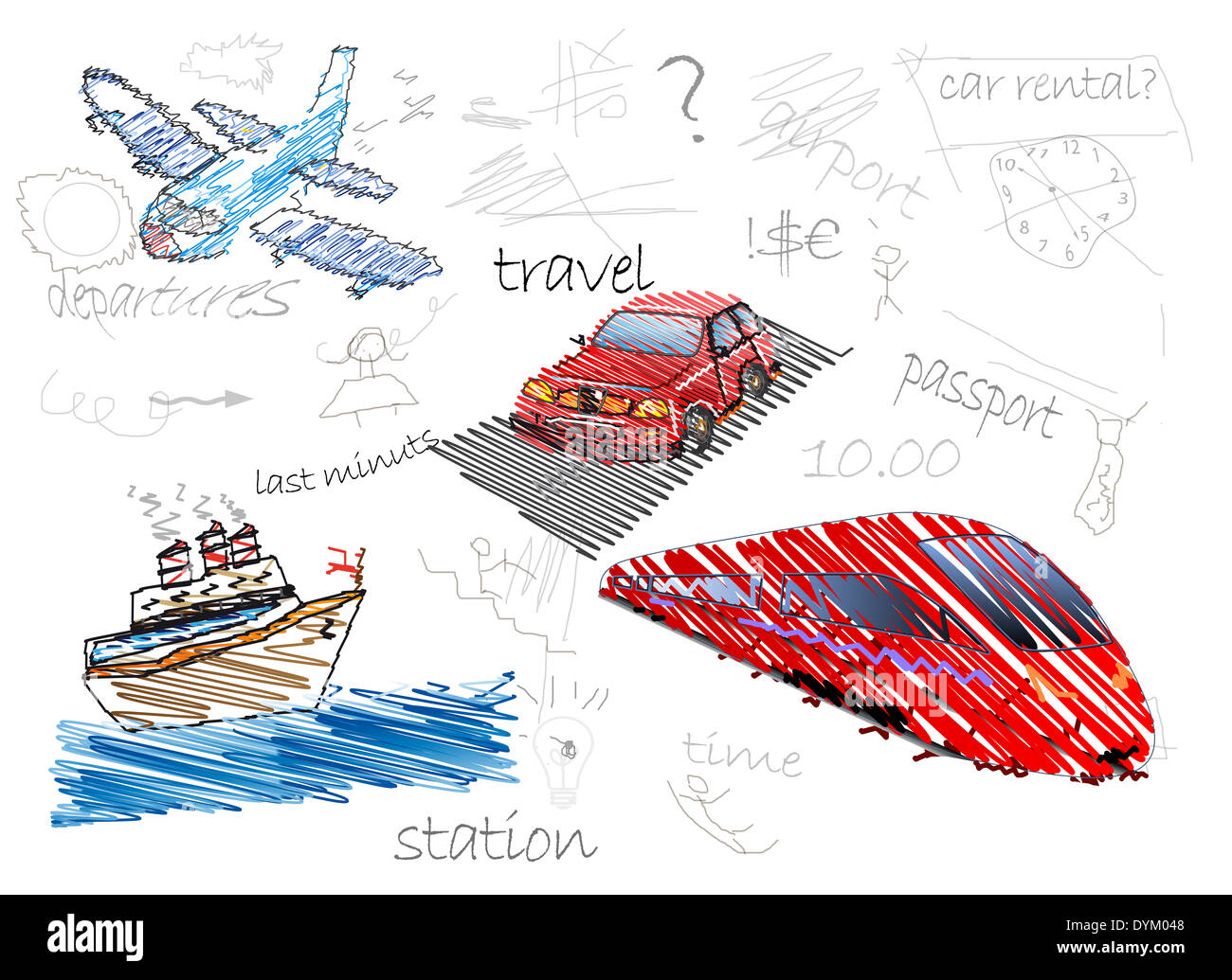 Illustrazione del concetto di trasporto lo schizzo di linee e testo Foto Stock