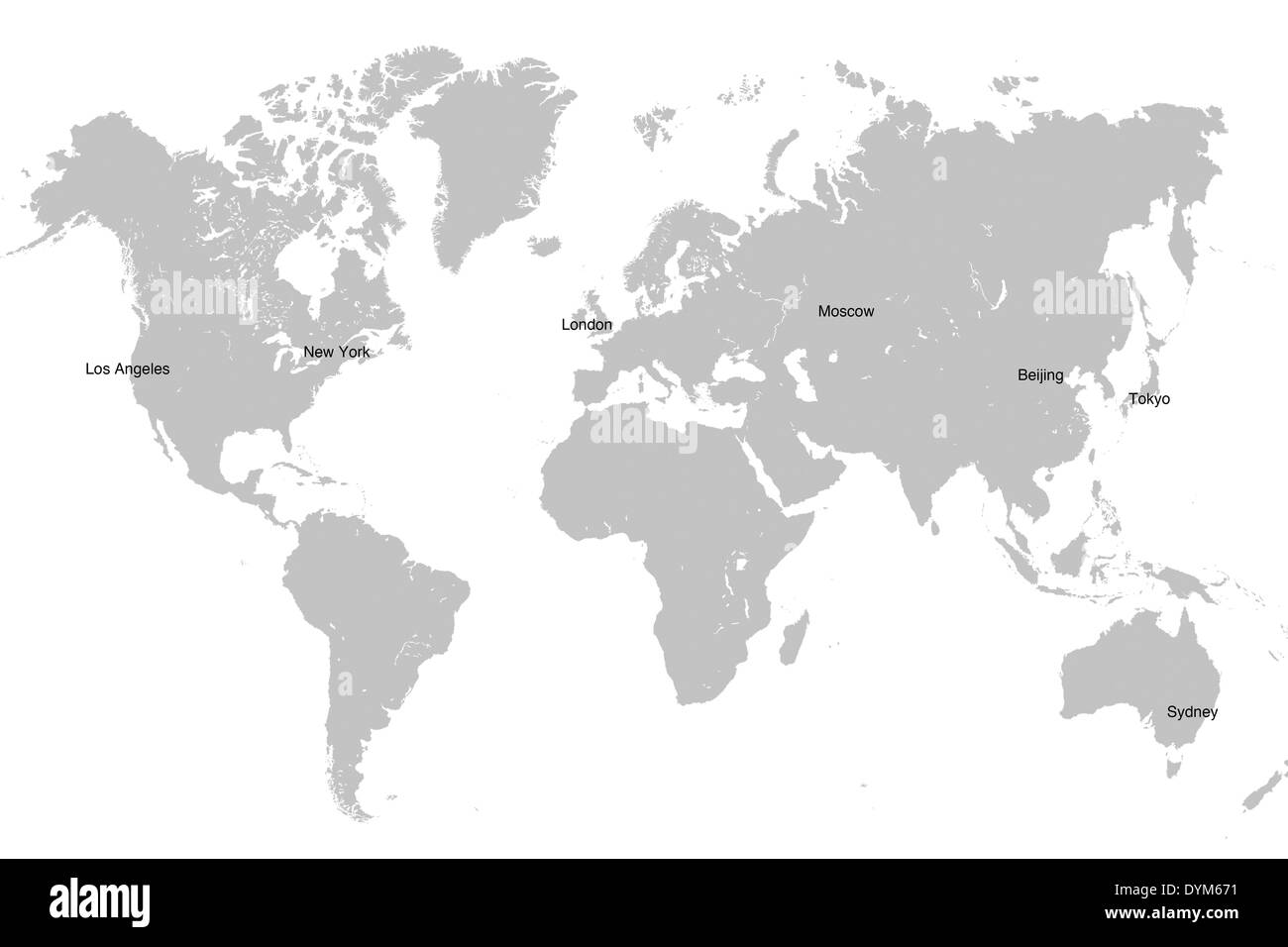 Grigio mappa Mondo isolato su sfondo bianco con le principali capitali europee. Global business concetto. Foto Stock