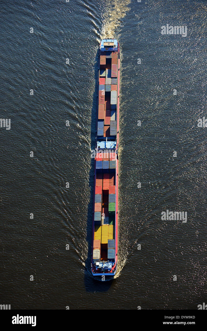 Vista aerea, nave terrestre della Börde Alimentatore contenitore company, Fiume Elba, Amburgo, Germania Foto Stock