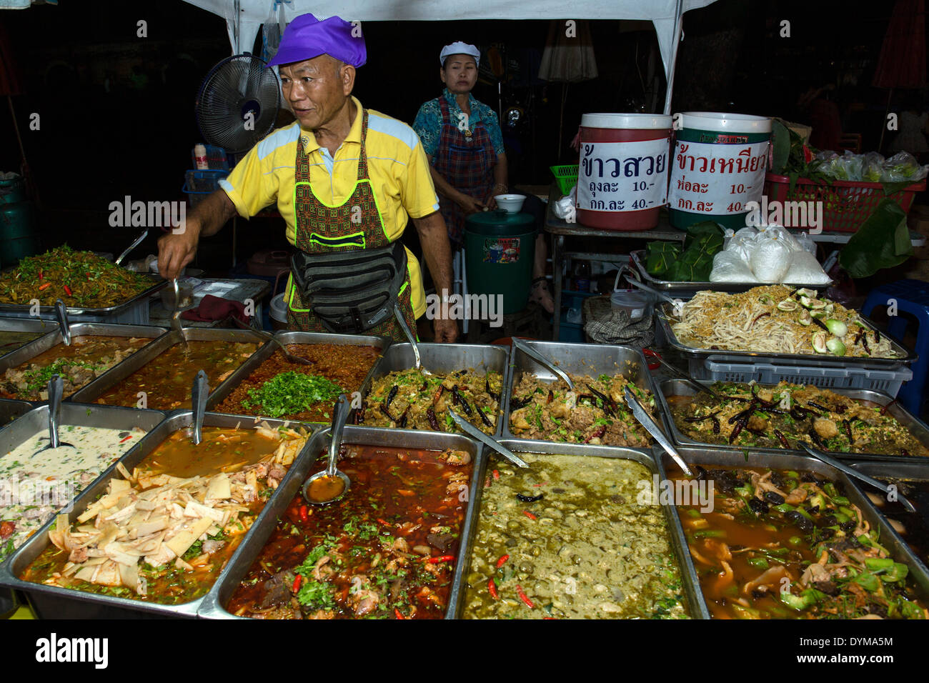 Uomo di vendita specialità tailandesi, il Mercato Notturno in strada pedonale, Chiang Rai, provincia di Chiang Rai, Thailandia del Nord della Thailandia Foto Stock