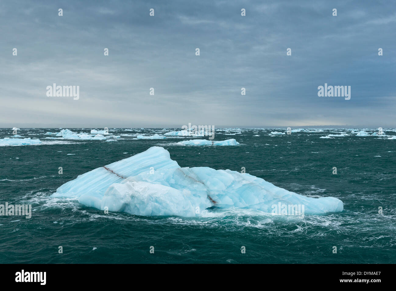 Iceberg galleggianti in mare al largo della costa di Nordaustlandet, arcipelago delle Svalbard Isole Svalbard e Jan Mayen, Norvegia Foto Stock