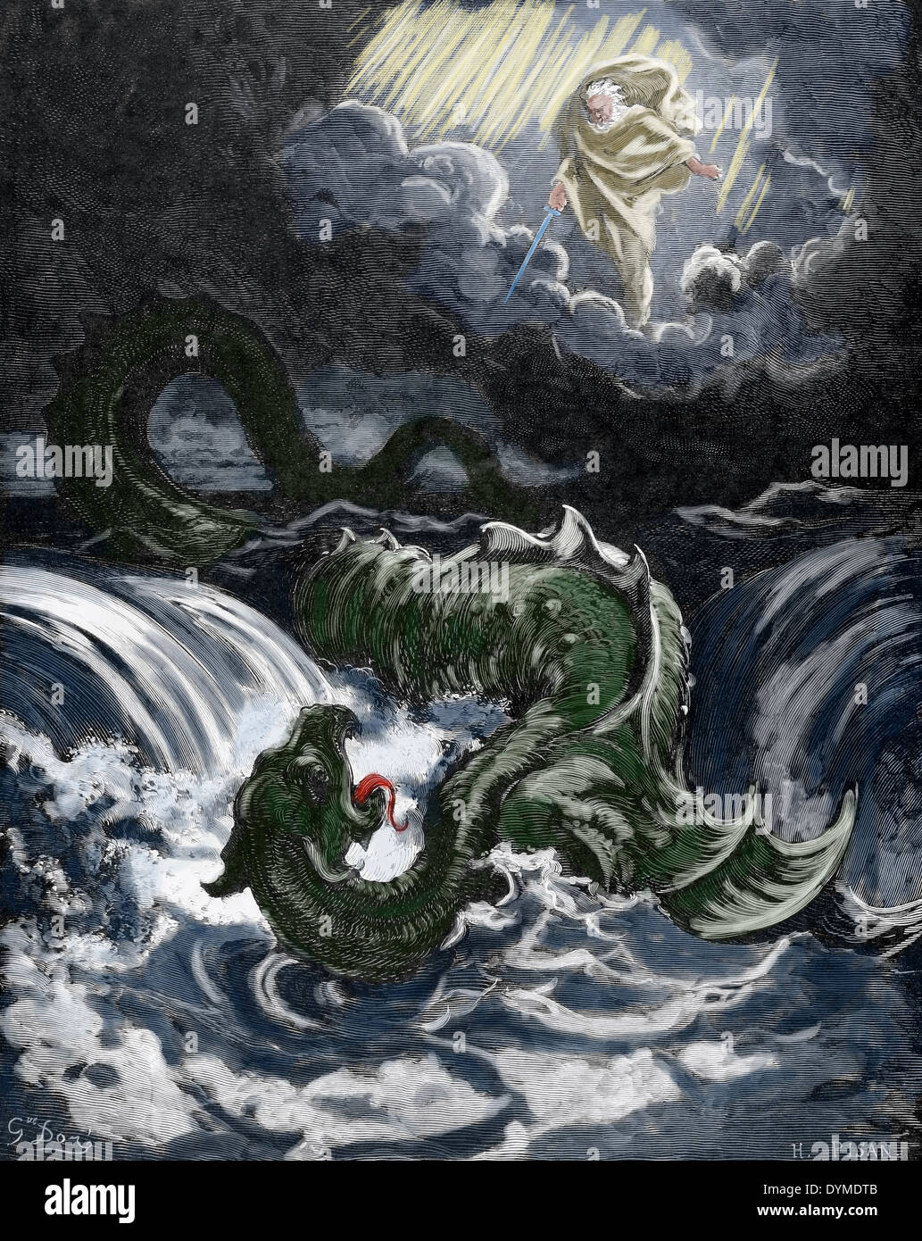 Leviatan. Il mostro marino a cui si fa riferimento nel Tanarkh o l Antico Testamento. Distruzione del Leviatano, 1865. Incisione. Colorati. Foto Stock